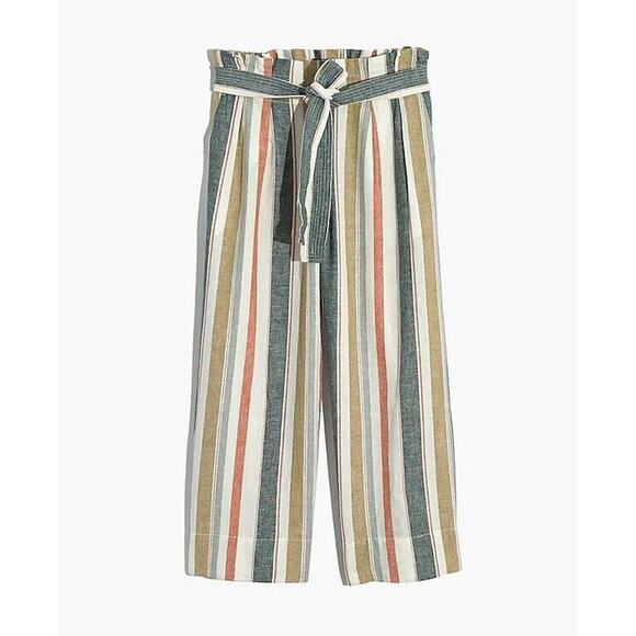 Madewell Linen Blend Pants Womens Size S Cropped Elastic Waist Wide Leg Striped - Picture 1 of 9